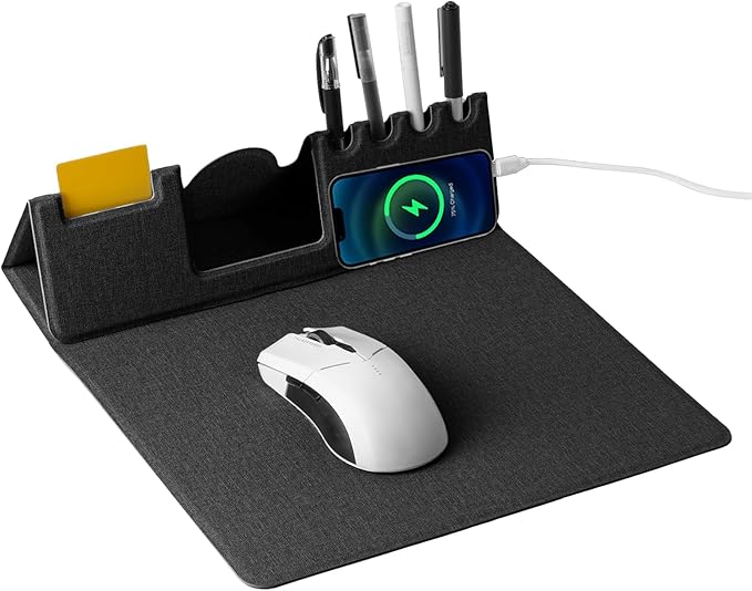 Mouse Pad with Phone Holder &amp Pen Holders Wireless Charging Desk Mat Mousepad Home Office Desk Pad with Ultra-Smooth Surface Non-Slip Base Waterproof Keyboard Pad Classic Black Desk Mat