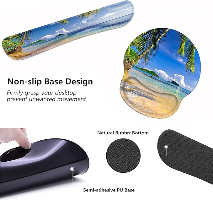 Keyboard Wrist Rest and Mouse Pad Wrist Support Set with Coasters Non-Slip PU Base Ergonomic Gaming Mousepad for Home Office Working Studying Easy Typing &amp Pain Relief Shore Palms Tropical Beach