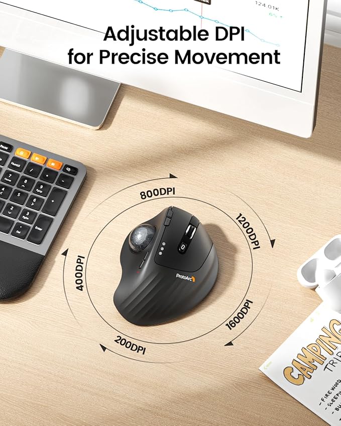 ProtoArc Wireless Trackball Mouse EM01 NL Ergonomic Bluetooth Rollerball Thumb Rechargeable Computer Laptop Mouse Adjustable Angle &amp 3 Device Connection for PC Mac Windows-Gray Ball