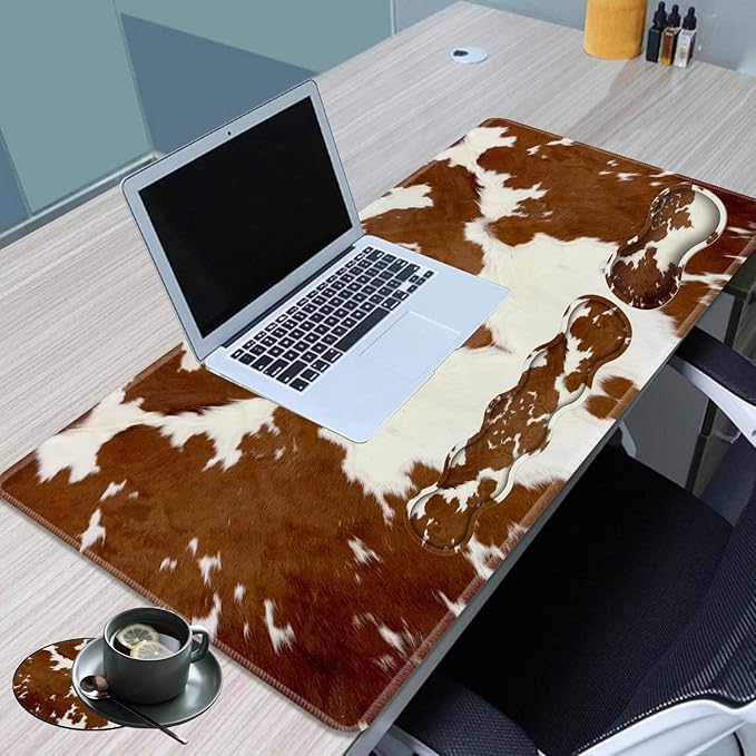 Gaming Mouse Pad Set Large Gaming Mouse Pad+Keyboard Wrist Rest+Mouse Wrist Rest+Coaster Easy Typing Pain Relief 31.5 × 11.8 inch Desk Mat for Home Office Brown Cow Print Pattern