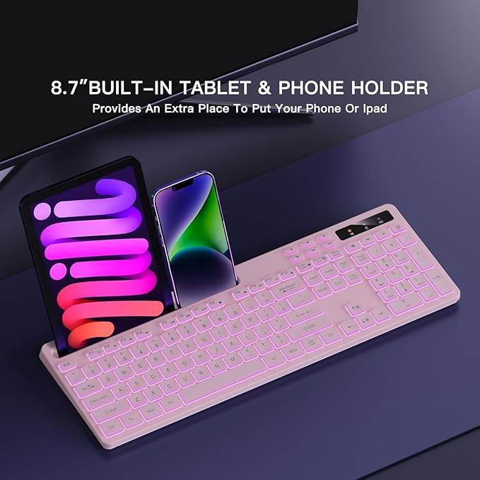 Wireless Keyboard with 7-Color RGB Backlit Full-Size Computer Keyboard with Phone Tablet Holder 2.4G Rechargeable Gaming Keyboard with Light Up Keys Compatible with Mac Windows (Pink)
