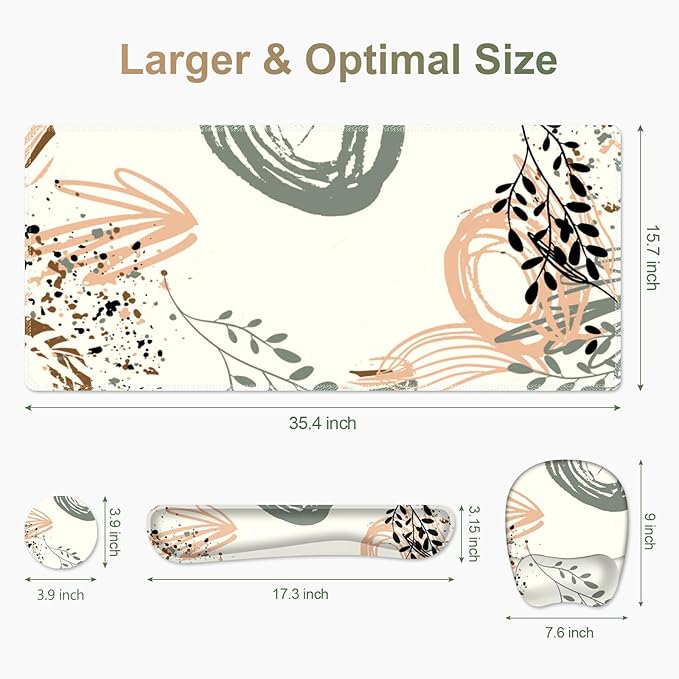 Large Mouse Pad with Wrist Support 4 in1 Set XXL Big Game Mousepad + Keyboard Wrist Rest+Mouse Wrist Rest+Coaster Ergonomic Gaming Mat for Home Office Table Computer I Modern Boho Leaves