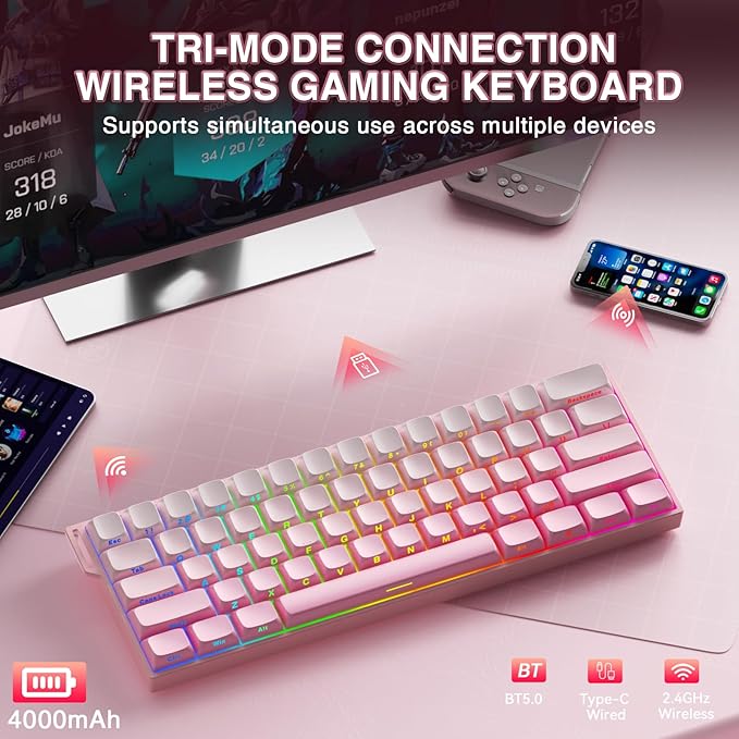 Aula MINI60 HE PRO - 60% Mechanical Gaming Keyboard Wireless Hall Effect Magnetic Switch Hot Swappable Adjustable Actuation Rapid Trigger Mode 8000 Hz Polling Rate 60 Percent Compact Design Pink