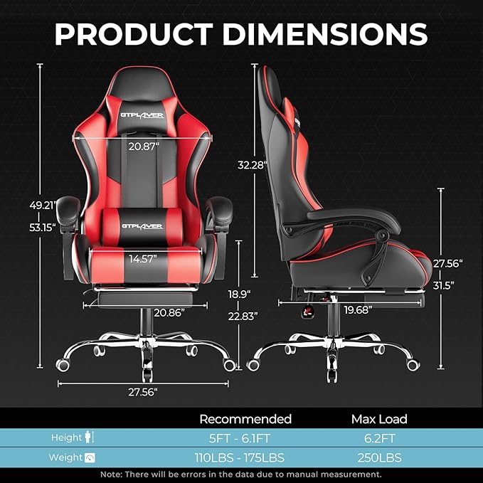 GTPLAYER Gaming Chair Computer Chair with Footrest and Lumbar Support Height Adjustable Game Chair with 360°-Swivel Seat and Headrest and for Office or Gaming (Faux Leather Red)