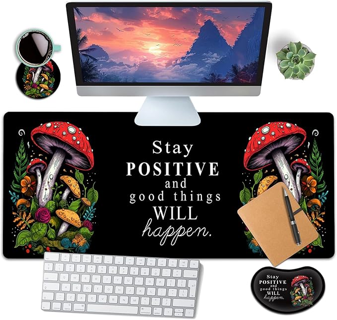 Large Mouse Pad with Mouse Wrist Rest 31.5x11.8 in Extended Mouse Mat with Non-Slip PU Base Ergonomic Memory Foam Wrist Rest for Work &amp Gaming Writing Pad Red Mushroom Black Office Desk Pad