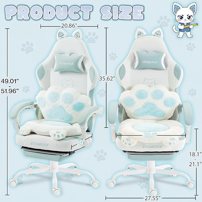 Dowinx Gaming Chair with Cat Ears and Paw Lumbar Pillow Ergonomic Reclining Chair Memory Foam and Spring Cushion Footrest 300lbs Capacity Cute and Comfortable Design for Women &amp Girls