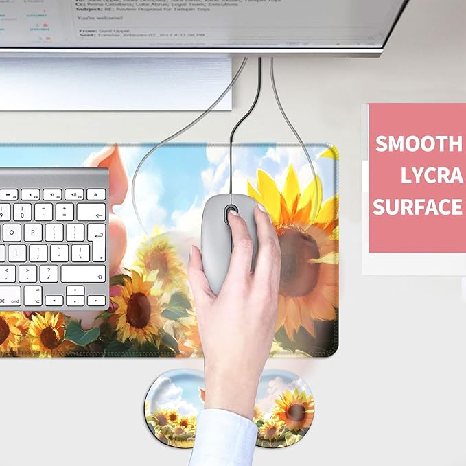 Mouse PadLarge Desk Mat Set 4in1 XL Mousepad + Keyboard Wrist Rest+Mouse Wrist Rest+Coaster with Ergonomic Desk Pad for Home Office Table Computer Cover -Pig in Sunflower Field