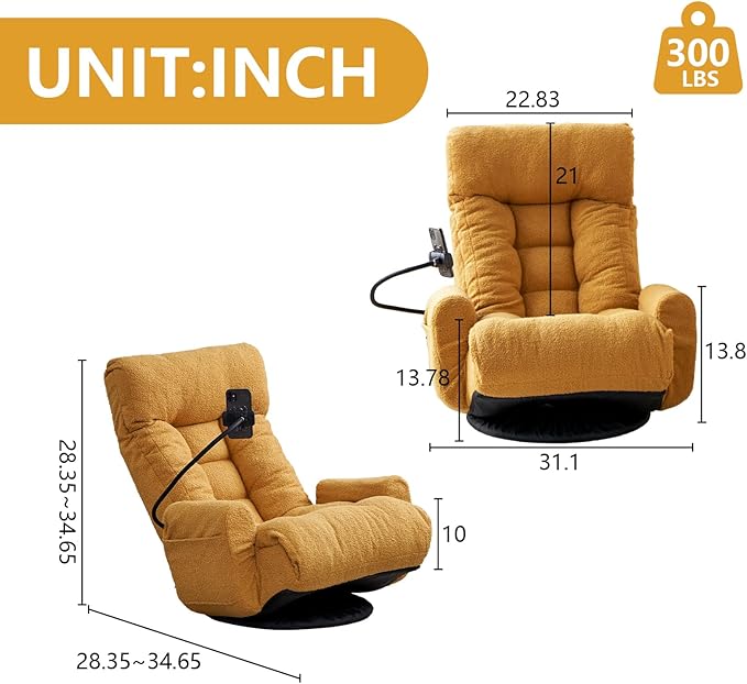 360° Swivel Gaming Floor Chair 5 Position Adjustable Folding Sofa Chair with Armrests &amp Phone Holder Cushion Padded Indoor Chaise Lounge for Adults Home Office Floor Leisure Chairs Yellow