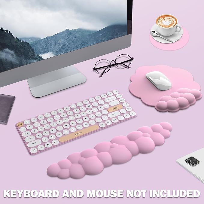 Cloud Keyboard Wrist Rest and Mouse Pad with Wrist Support Set Ergonomic PU Leather Mouse Pads Pain Relief Memory Foam Non-Slip Mousepad for ComputerLaptopPink