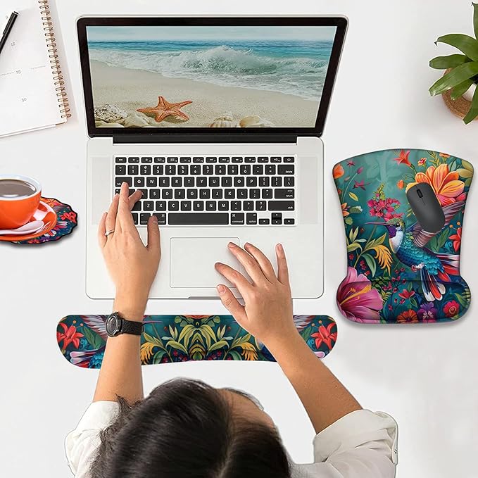 Mouse Wrist Rest and Keyboard Wrist Rest Pad+ Coaster Set Non-Slip Rubber Base Smooth Surface Ergonomic Gaming Mouse Pad for Easy Typing and Pain Relief Flowers and Hummingbirds