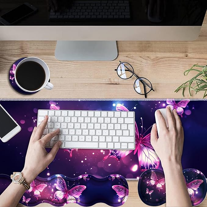 Gaming Mouse Pad Set Large Gaming Mouse Pad+Keyboard Wrist Rest+Mouse Wrist Rest+Coaster Easy Typing Pain Relief 31.5 × 11.8 inch Desk Mat for Home Office - Pink Purple Butterfly