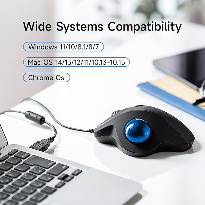SANWA Wired Ergonomic Trackball Mouse Optical Vertical Rollerball Mice Silent Buttons 34mm Trackball 600/800/1200/1600 DPI Compatible with MacBook Laptop Computer Windows macOS Blue