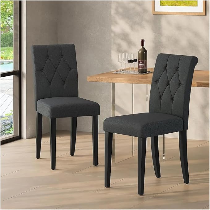 Adjustable Office Computer Chair with Armrest 2pcs Black Fabric Upholstered Dining Chairs with Button Tufted Backrest and Solid Wood Legs