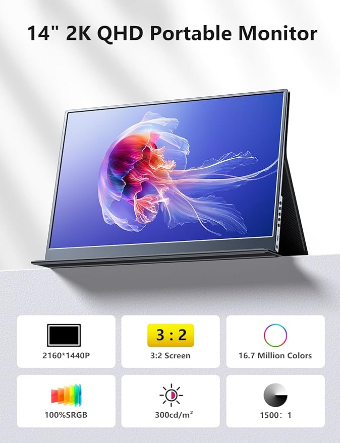 Portable Monitor 14 inch 2160 * 1440P IPS Laptop Monitor Dual USB C HDMI Second Computer Screen Gaming Display with 2 Speakers Travel Monitor for Laptop PS4/5 PC Phone Xbox Switch