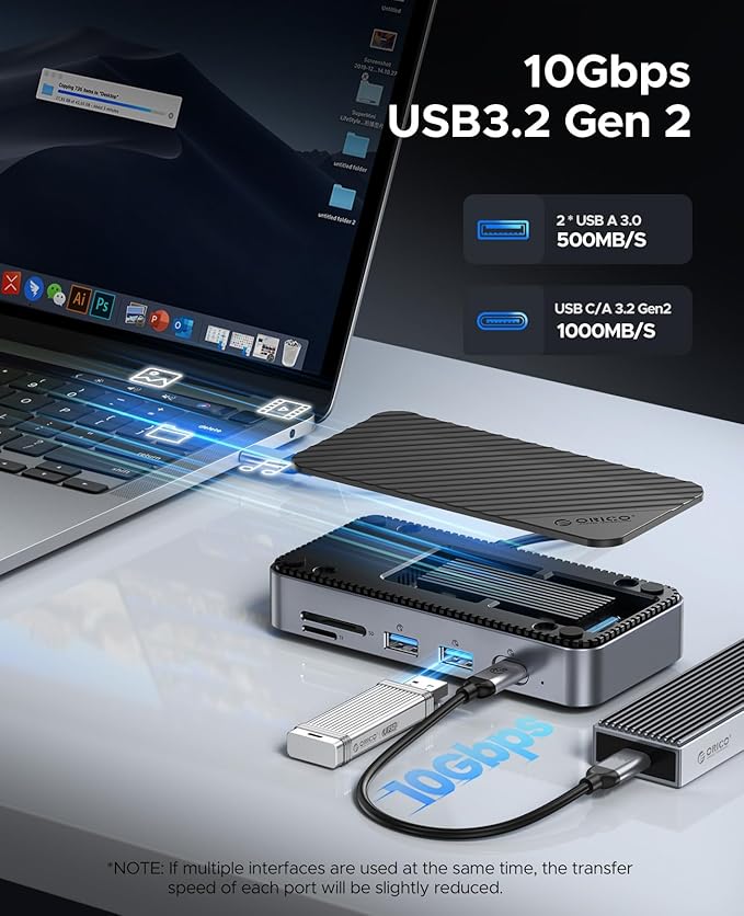 ORICO 9-in-1 USB C Hub with M.2 NVMe SSD Enclosure 10Gbps Tool Free Hub Docking Station with Built-in Fan Gigabit Ethernet 100W PD SD/TF Type C &amp USB A for Laptop MacBook