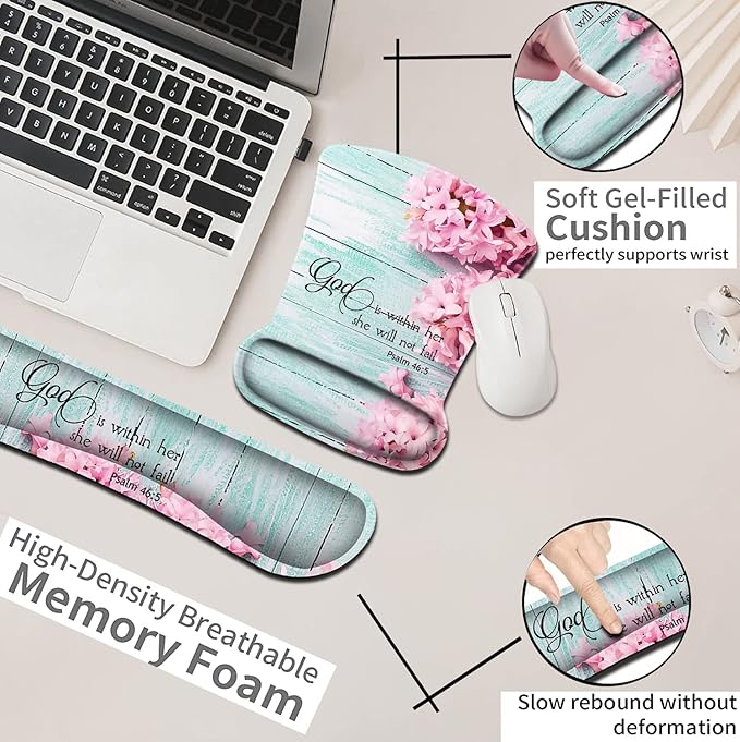 Mouse Pad with Wrist Support Ergonomic Gel Mouse Pad Beautiful FlowersNon-Slip Durable Memory Foam Keyboard Wrist Rest Suitable for Office Typing Games Pink Hyacinths on Wood Panel