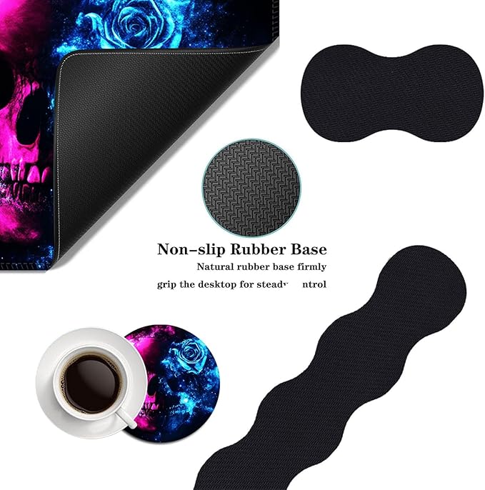 Mouse PadLarge Desk Mat Set 4in1 XL Mousepad + Keyboard Wrist Rest+Mouse Wrist Rest+Coaster with Ergonomic Desk Pad for Home Office Table Computer Cover -Neon Skulls with Roses