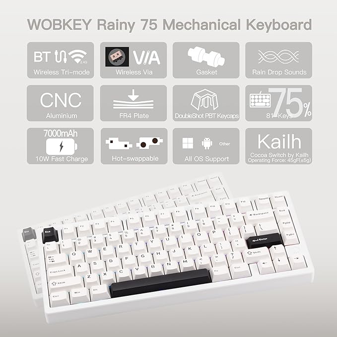 KEEBMONKEY WOBKEY Rainy 75 CNC Aluminum HMX/JWK/Cocoa Switches Triple-Mode Connectivity Mechanical Keyboard with Superior Acoustics RGB/FR4/Silver SUS304/7000mAh/Cocoa Switch (Pro - Luna)