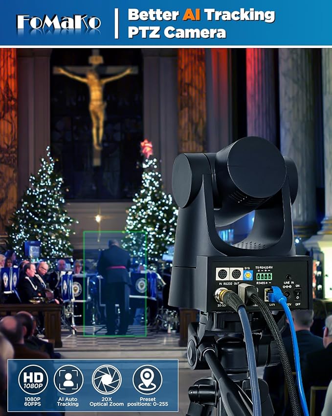 FoMaKo PTZ Camera HDMI AI Auto-Tracking Gen 3 20x Optical Zoom True to Life Colors PoE HDMI PTZ Camera for Church Services Worship Education vMix OBSNDI Upgradeable (FMK20SDI ProBlack)