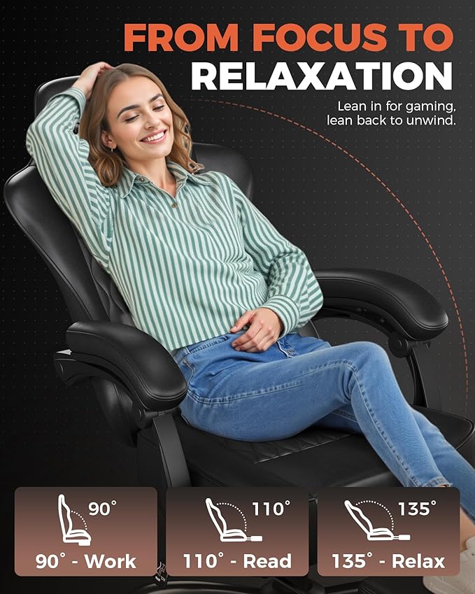 GTPLAYER Big and Tall Gaming Chair with Footrest Ergonomic Office Desk Chair with 4.4in Thick Cushion and Wide Wingless Seat Comfortable Leather Computer Chair Predator Series Satin Black
