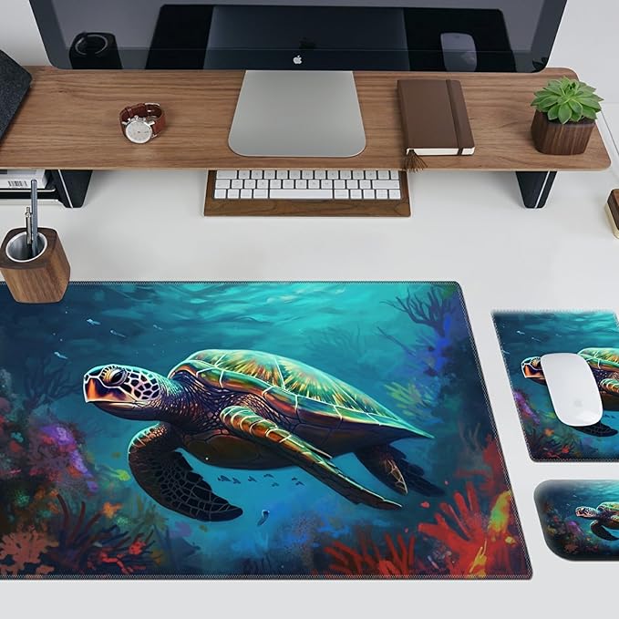 Wrist Rest for Computer Keyboard Small Mouse Pad and Desk Pad Mat 23.6 x 11.8 Set Office Desk Mat Non-Slip PU Desk Mat for Computer Laptop Office Gaming Home and Writing Sea Turtle
