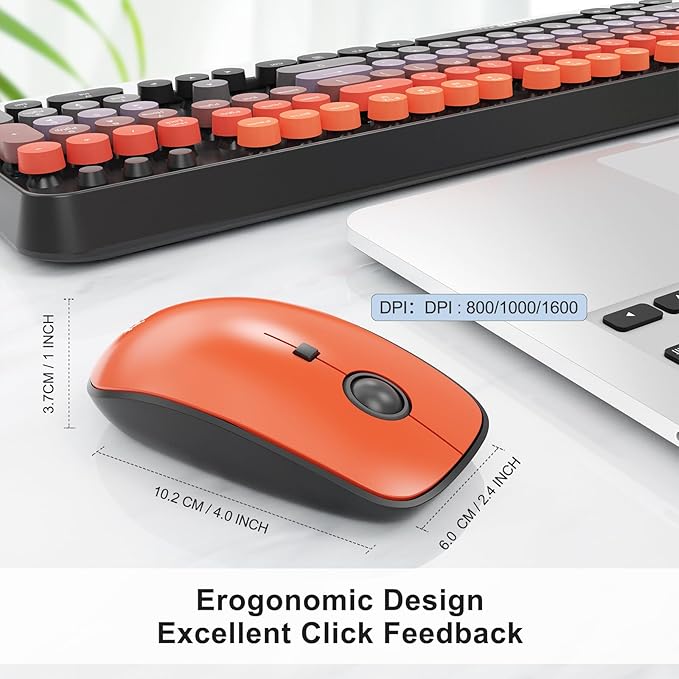 FOPETT Wireless Keyboard and Mouse Combo 104 Keys Full-Sized 2.4 GHz Round Keycap Colorful Keyboards USB Receiver Plug and Play for Windows Mac PC Laptop Desktop (GradientOrange)