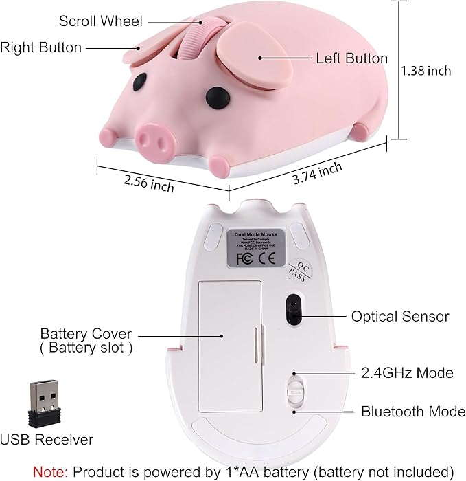Wireless Bluetooth Mouse Cute Animal Pig Shape 2.4G &amp Bluetooth Dual Mode Computer Mice with USB Receiver Portable Compact 1200DPI Optical Cordless Mouse for Laptop iPad PC Chromebook Kids Gift (P