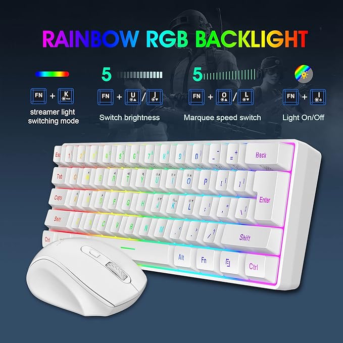 Snpurdiri 2.4G Wireless Gaming Keyboard and Mouse Combo Include Small 60% Merchanical Feel Ergonomic Design Mini Wireless Mouse(White)