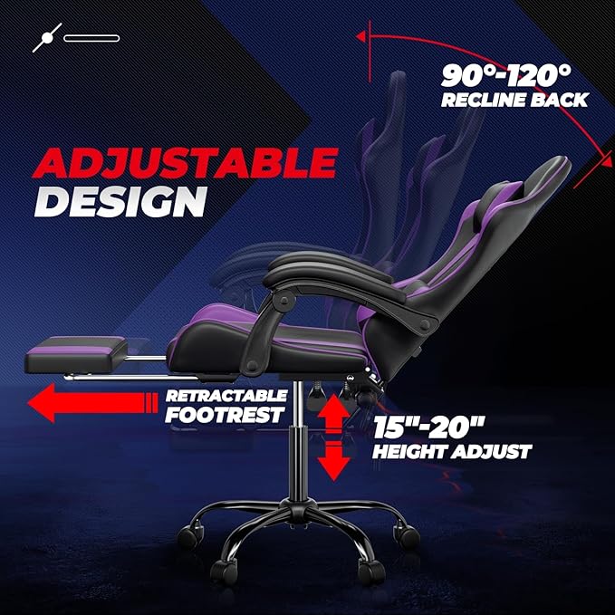 Auto Dynasty Ergonomic Gaming Chair High-Back Office Chair w/Adjustable Lumbar Support Linkage Armrest Headrest &amp Footrest 350LBS Recliner Swivel Computer Game Racing Chair Purple/Black