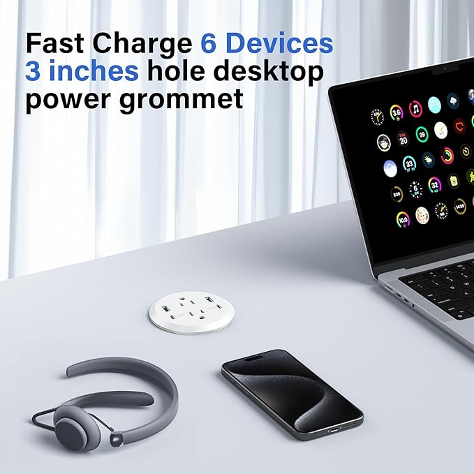 Desktop Power Grommet 3-inch Hole40W Total Fast Charging Station 2 PD 20W USB C PortFlush-Mount Recessed Power Strip 2 AC Outlets4 USB Portsin to The Top of Your Desk6ft Cord