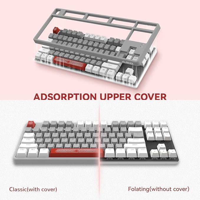 Magic-Refiner AK873 Gaming KeyboardRainbow Led BacklitHot-Swappable Linear Red SwitchPBT Keycap75% TKL LayoutErgonomic Mechanical Keyboard with Custom Coiled USB/Type-C Aviation Cable(White Grey)