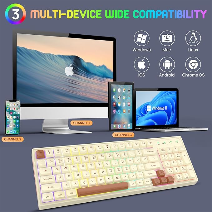 KOLMAX BK98 Wireless Gaming Keyboard Dual Mode 2.4G/Bluetooth Gaming KeyboardRGB Backlit Ergonomic 98 Keys PBT Mechanical Feeling Wireless Keyboard for Office Windows Mac PC Gamer(Retro Brown)