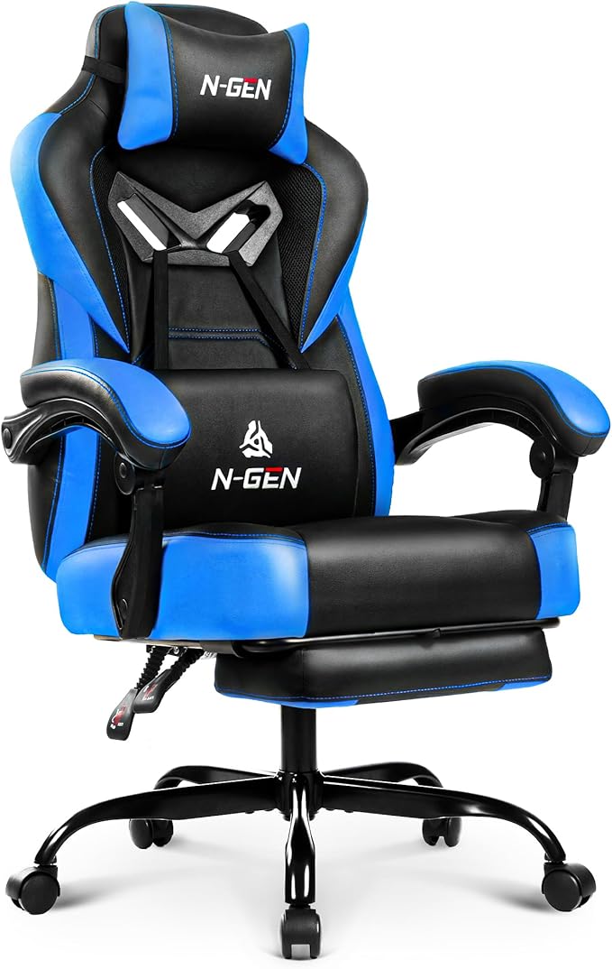 N-GEN GAMING Video Gaming Chair Big and Tall Office Computer Desk Chairs with Ergonomic Lumbar Support High Back Recliner and Footrest for Adults (Blue)