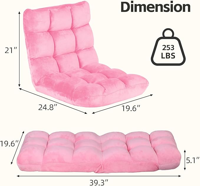 14-Position Adjustable Floor Gaming Chair Foldable Memory Foam Armless Sofa Seat Couch Recliner with Comfy Back Support for Working Meditation Reading Pink