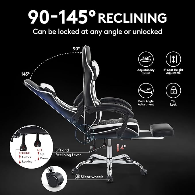 Gaming ChairComputer Office Chair with FootrestMassage Lumbar Support and Gel PadErgonomic Reclining Adjustable Leather Gamer Chair with Headrest and Spring Cushion Black White