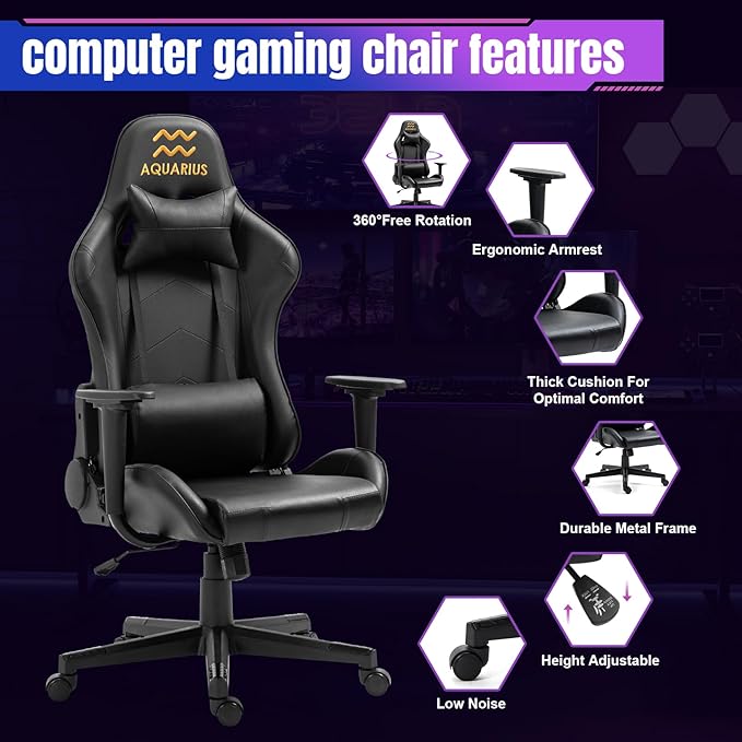 DIKEP Gaming Chair Computer Office High Back Leather Gamer Chair Ergonomic Adjustable Racing Chair with Headrest and Lumbar SupportBlack