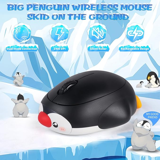 Cute Penguin Bluetooth Wireless Mouse -RechargeableDual Mode Connection Silent Scroll Wheel 1600 DPI - Perfect for Laptops PCs and Tablets (Black)