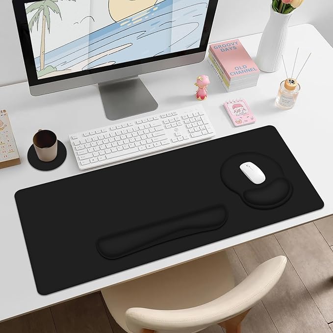 Mouse Pad Desk Pad Protector Keyboard Wrist Rest + Mousepad Wrist Rest +Coaster Large Gaming Mouse Pad for Computer Keyboard Desks Laptop XXL Desk Mat Writing Pad for Office and Home Cool Black