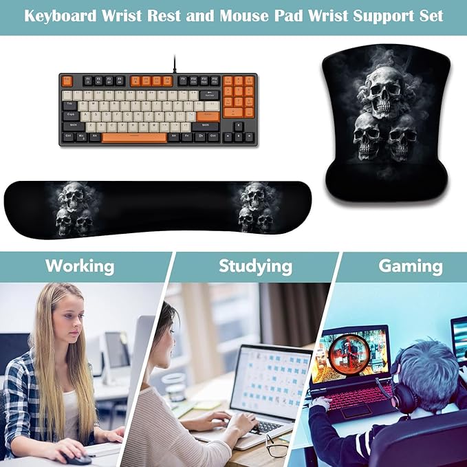Mouse Wrist Rest and Keyboard Wrist Rest Pad+ Coaster Set Non-Slip Rubber Base Smooth Surface Ergonomic Gaming Mouse Pad for Easy Typing and Pain Relief Smoke Skull