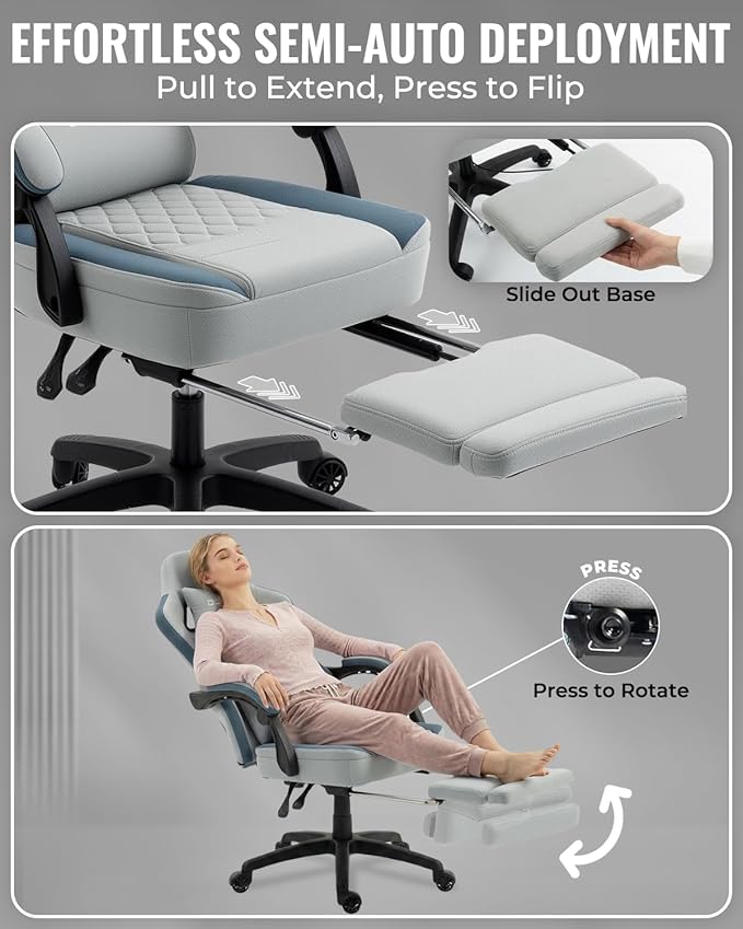 Dowinx Gaming Chair Breathable Fabric Game Chair with Gel Pad and Storage Bag Comfortable Gamer Chair with Pocket Spring Cushion Ergonomic Computer Chair with Footrest Grey and Blue