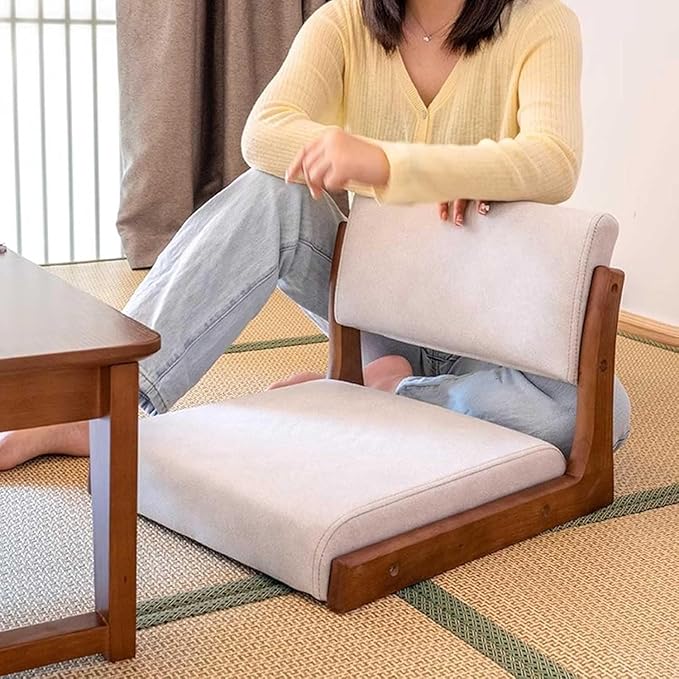 ELEFOCUS Japanese Legless Floor Chair Portable Timber Lazy Chair Meditation Floor Chair with Back Support Upholstered Game Chair(Timber Gray White)