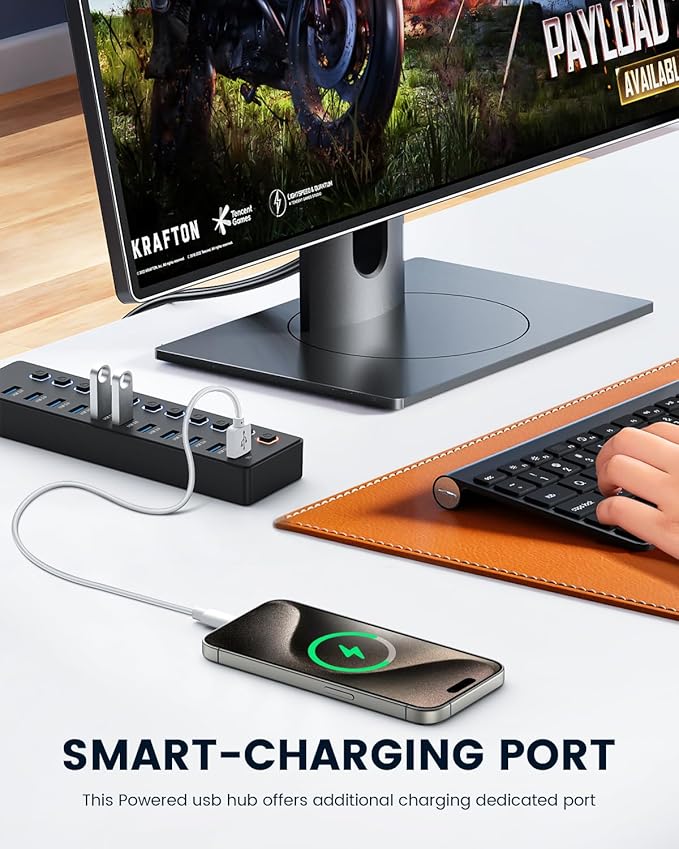 USB hubPowered USB hub 11-Port hub Splitter10 USB 3.0 Data Transfer Port + 1 Smart Charging PortIndependent Switch (with LED Working Indicator) USB 3.0 Hub Powered with Power Adapter for Mac/PC