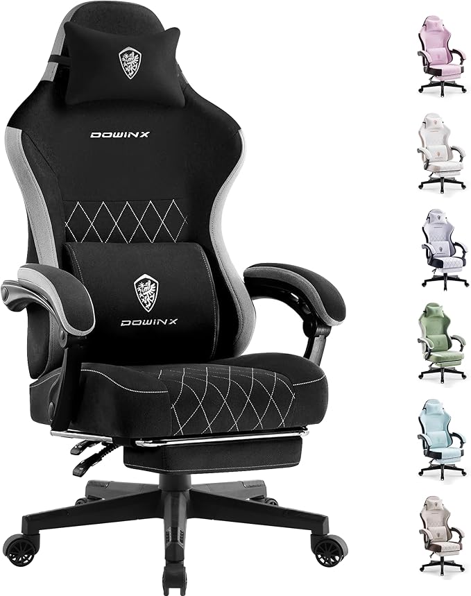 Dowinx Fabric Gaming Chair Ergonomic Computer Chair with Footrest and Pocket Spring Cushion Height Adjustable Video Gamer Chair with Lumbar Support for Adults Black