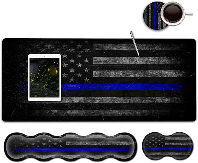 Large Gaming Mouse Pad with Stitched EdgesExtended XXL MousepadOffice Desk Pad Writing Pad31.5 x 11.8 inErgonomic Memory Foam Keyboard Wrist Rest SupportVintage Blue Black American Flag Desk Mat