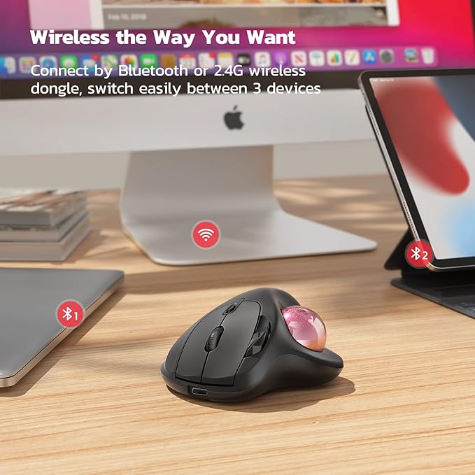 Nulea M501 Wireless Trackball Mouse Rechargeable Ergonomic Thumb-Controlled Smooth Precision 3-Device Connect (Bluetooth/USB) Fits PC Laptop Mac Windows（Dusty Pink）