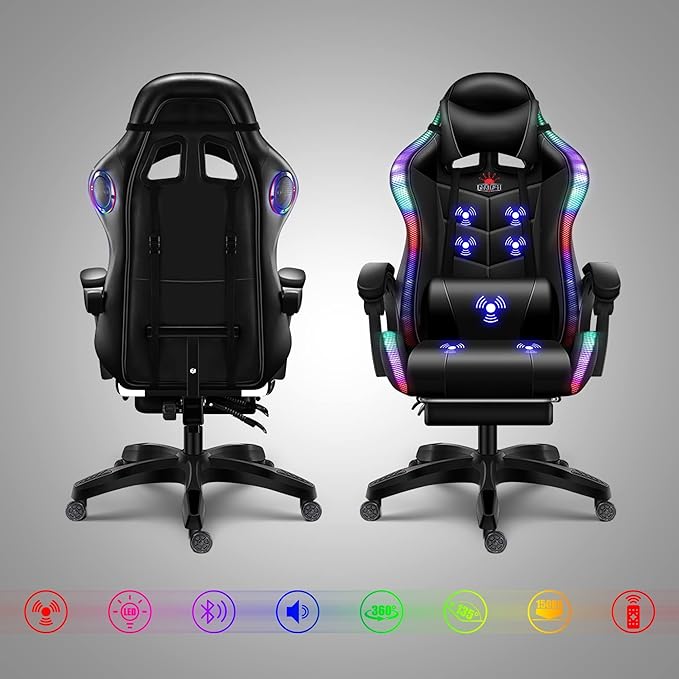 Ergonomic Professional Gaming Chair Gaming Chair with Massage Speaker LED Light and Footrest Comfortable Computer Recline with Headrest and Lumbar Support.Red