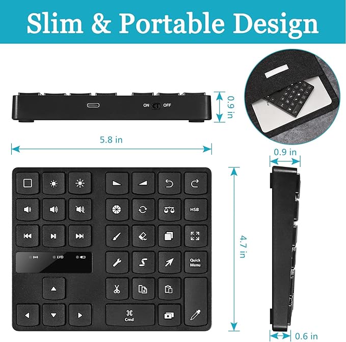 Bluetooth Keypad for 35 Keys One Handed Shortcut Drawing Keyboard Ergonomic Rechargeable Drawing Shortcuts