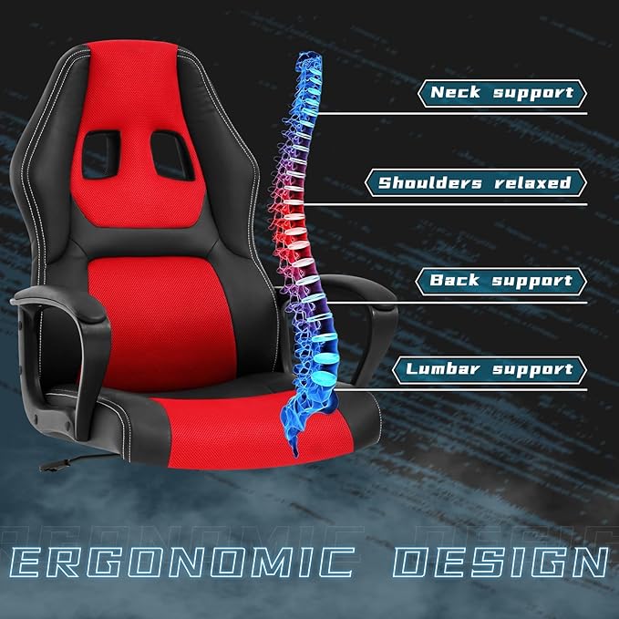 High-Back Racing Gaming Chair with Massage Lumbar Support - Ergonomic Adjustable Swivel - Black PU Leather - Perfect for Home Office or Gaming (Red)
