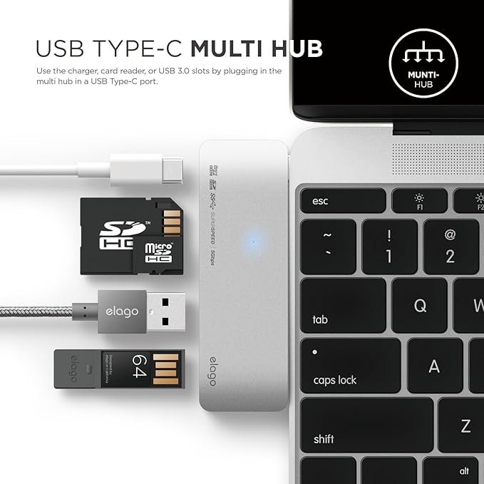elago Aluminum Charging Multi Hub USB-C - [Power Delivery][Charging Multi Hub][5 Slots Data Transfer] - for All-New MacBook and Pro All USB-C Devices (Silver)