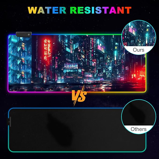 ARTSO RGB Gaming Mouse Pad Large Extended Soft Led Mouse Pad with 14 Lighting Modes 2 Brightness Water Resist Keyboard Pad Computer Mousepads Mat 35.4x15.7inch Night City